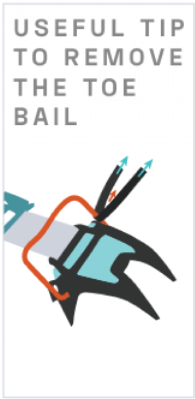 useful top to remove the toe bail met afbeelding van stijgijzer en tang.